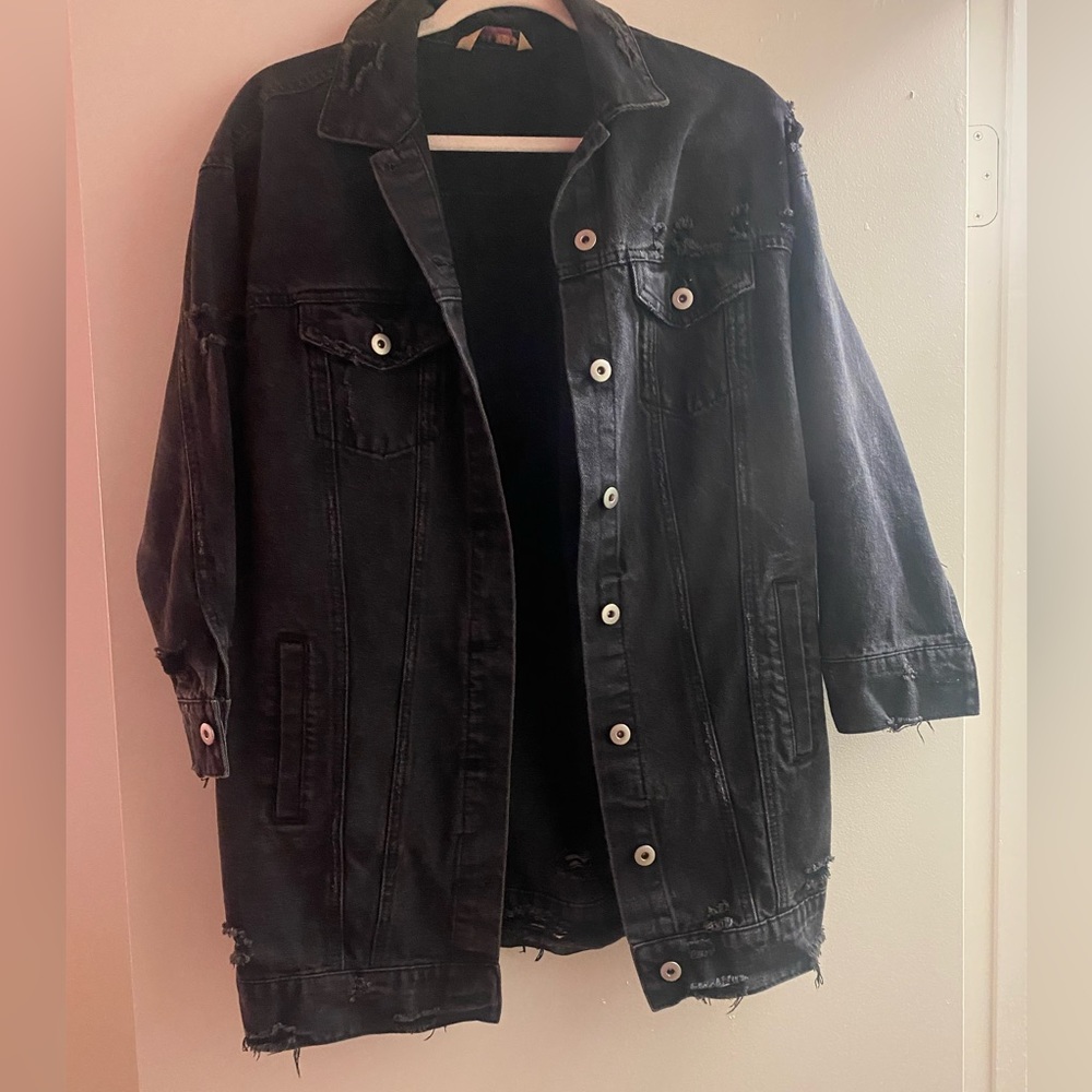 Oversized black distressed jean jacket